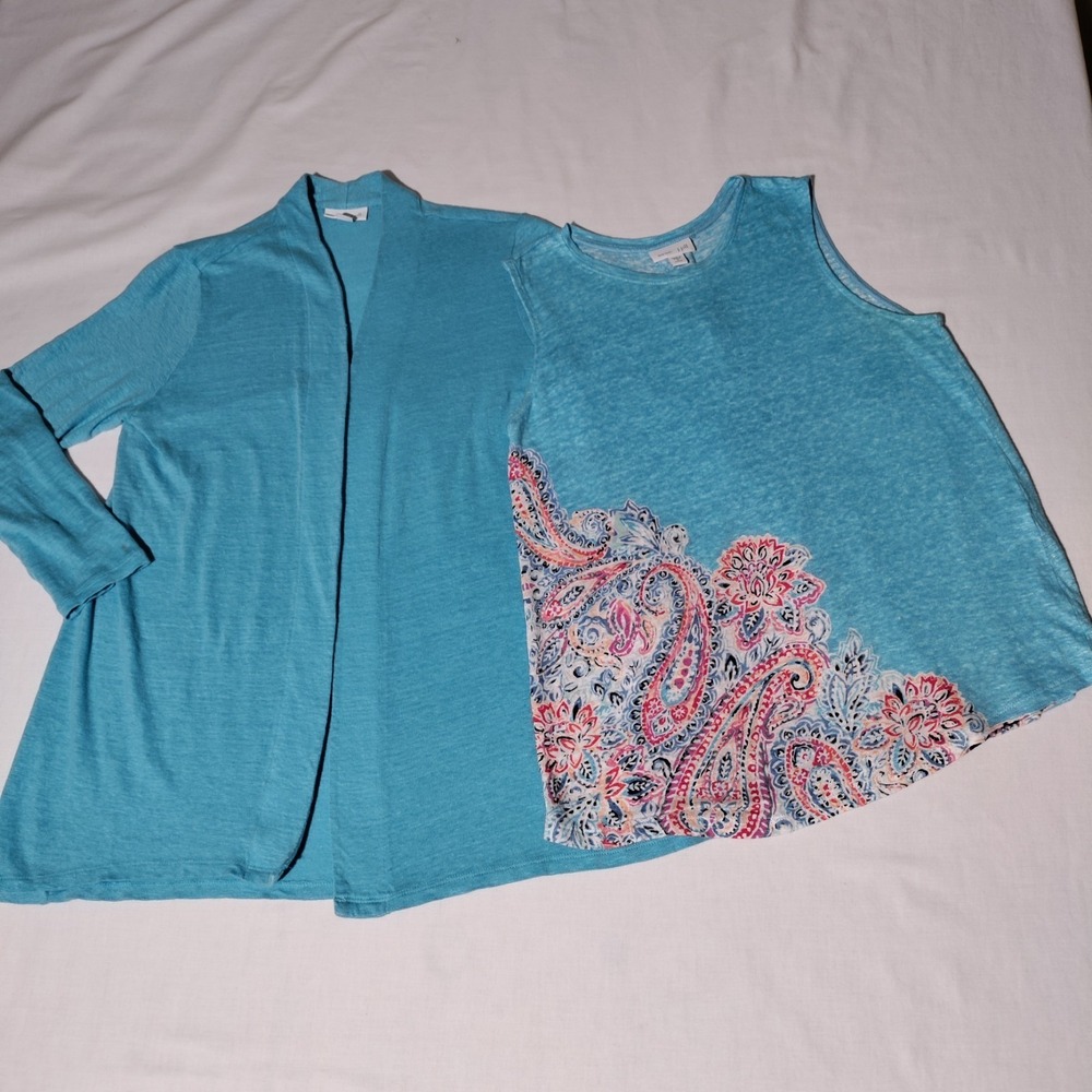 J.Jill Linen Knit Tank & L/S Top Pair (2) Island Blue Delany Paisley - Imperfect